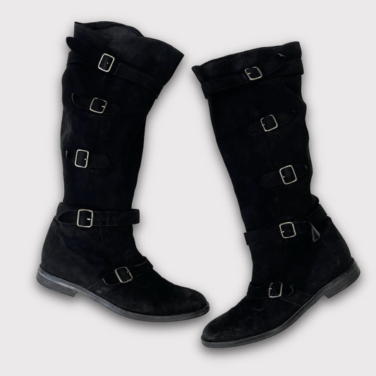 Blumarine black suede leather buckled calf boots