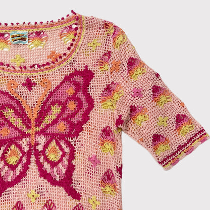 Hysteric Glamour pink/yellow crochet butterfly tunic top