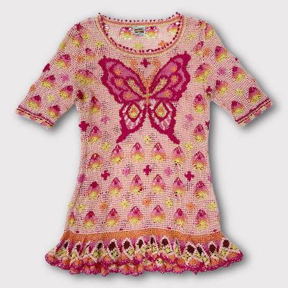 Hysteric Glamour pink/yellow crochet butterfly tunic top