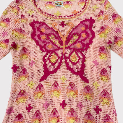 Hysteric Glamour pink/yellow crochet butterfly tunic top