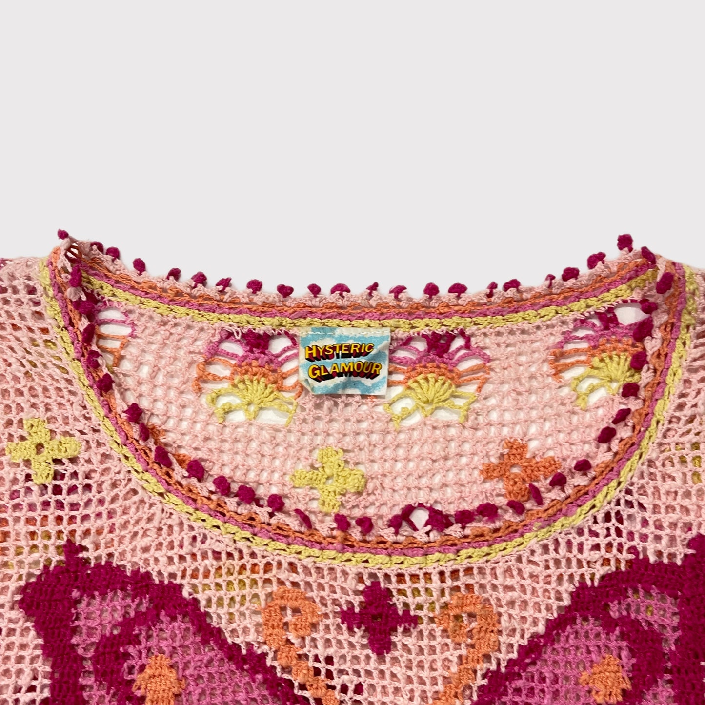 Hysteric Glamour pink/yellow crochet butterfly tunic top