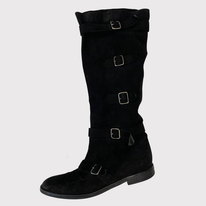 Blumarine black suede leather buckled calf boots