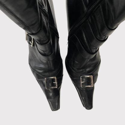 Bronx black leather pointed toe buckled boots