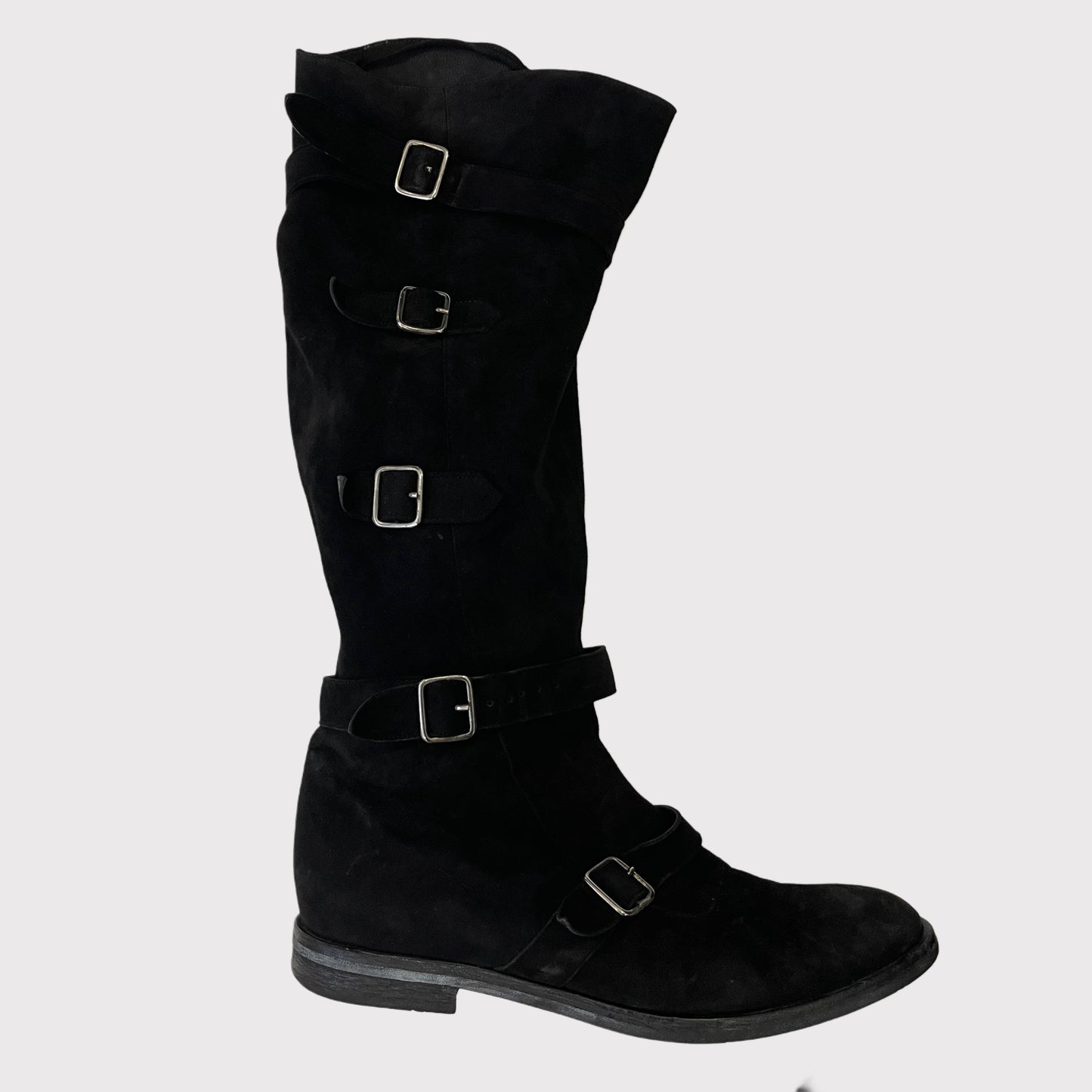 Blumarine black suede leather buckled calf boots