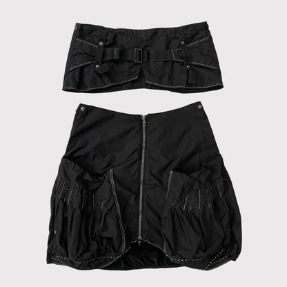 French vintage black cargo bubble skirt with detachable belt