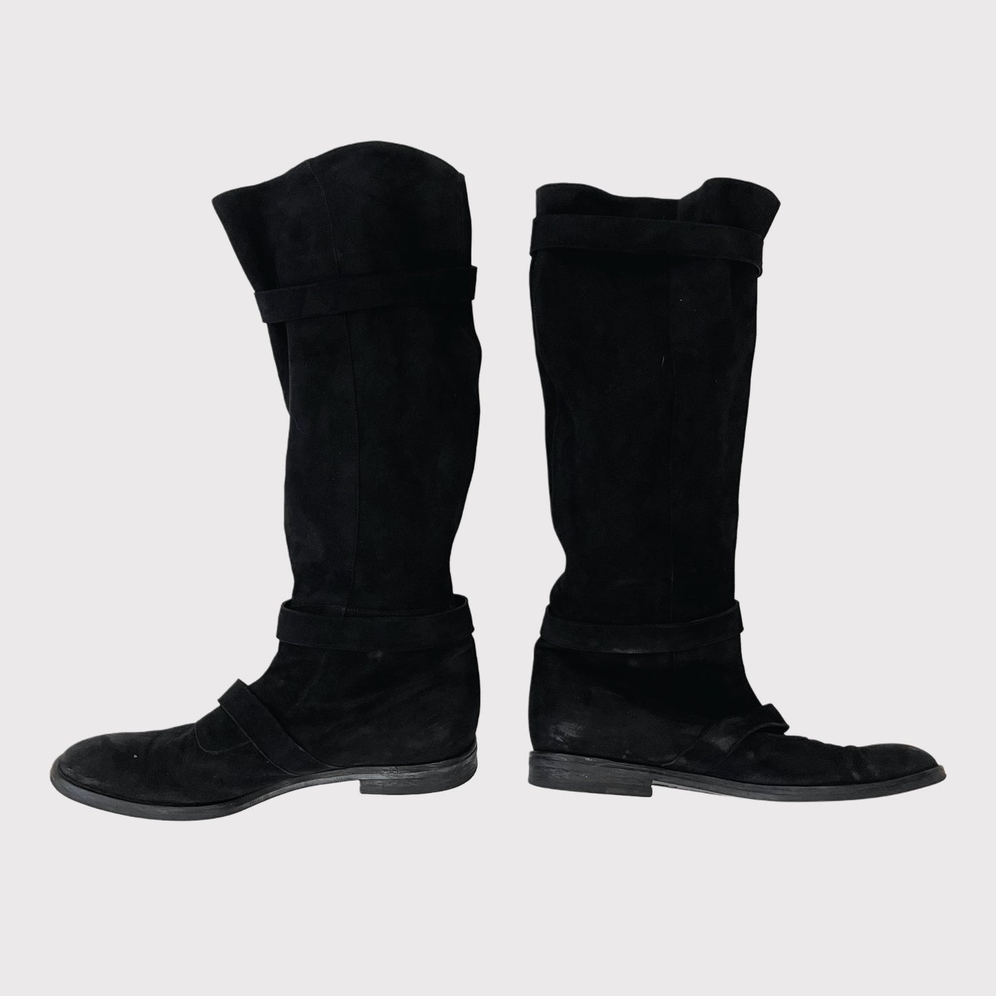 Blumarine black suede leather buckled calf boots