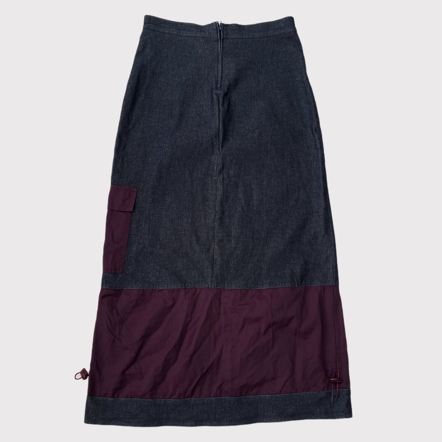 French vintage denim/nylon ruched maxi skirt